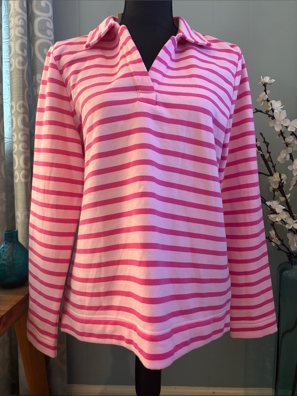NWT Talbots Johnny-Collar Striped Terry Pullover - Picture 3 of 13